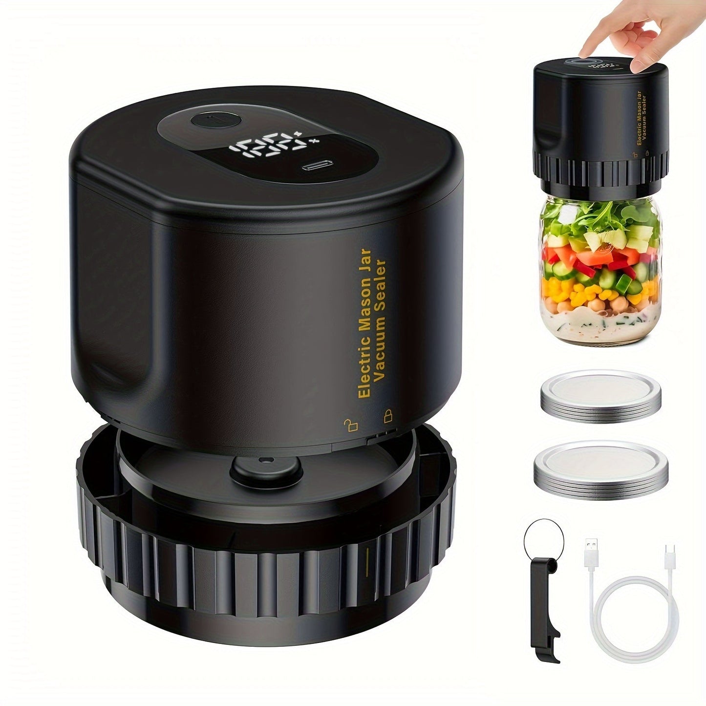 The Cordless USB Rechargeable Electric Mason Jar Vacuum Sealer Set includes a plastic vacuum seal machine with 10 lids. It features a built-in lithium battery with 1200mAh capacity, 5W semi-automatic operation, and is ideal for food preservation and