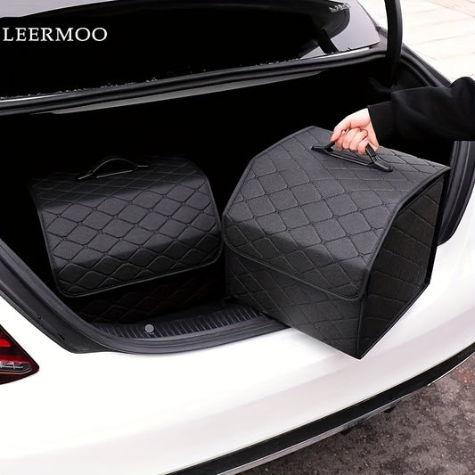 Black quilted PU leather car trunk organizer for SUV & Sedan trunks, providing durable and stylish interior storage.