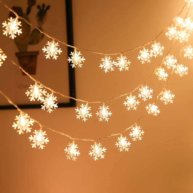 Vintage-inspired Snowflake String Lights with battery-operated white LEDs for Christmas, weddings, and gardens.