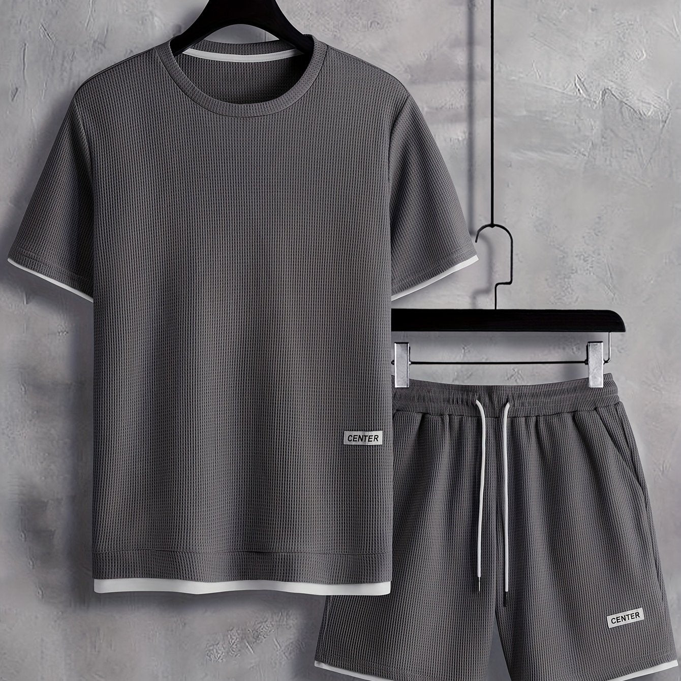 Two trendy outfits for men: casual crew neck short sleeve t-shirt and shorts set for summer, perfect for vacations and workouts.