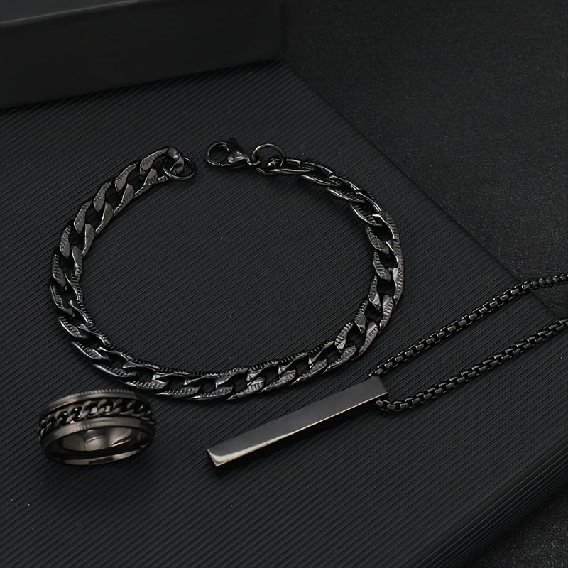 Stylish 3-piece men's jewelry set: black pendant necklace, bracelet, and ring made of durable stainless steel. Perfect Valentine's Day gift.