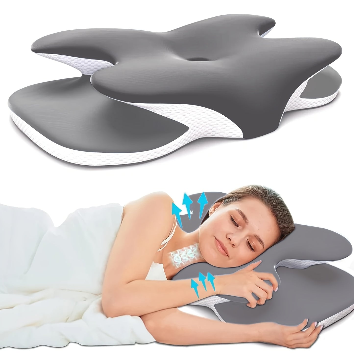 Adjustable neck pillow with ergonomic design, suitable for all sleeping positions.