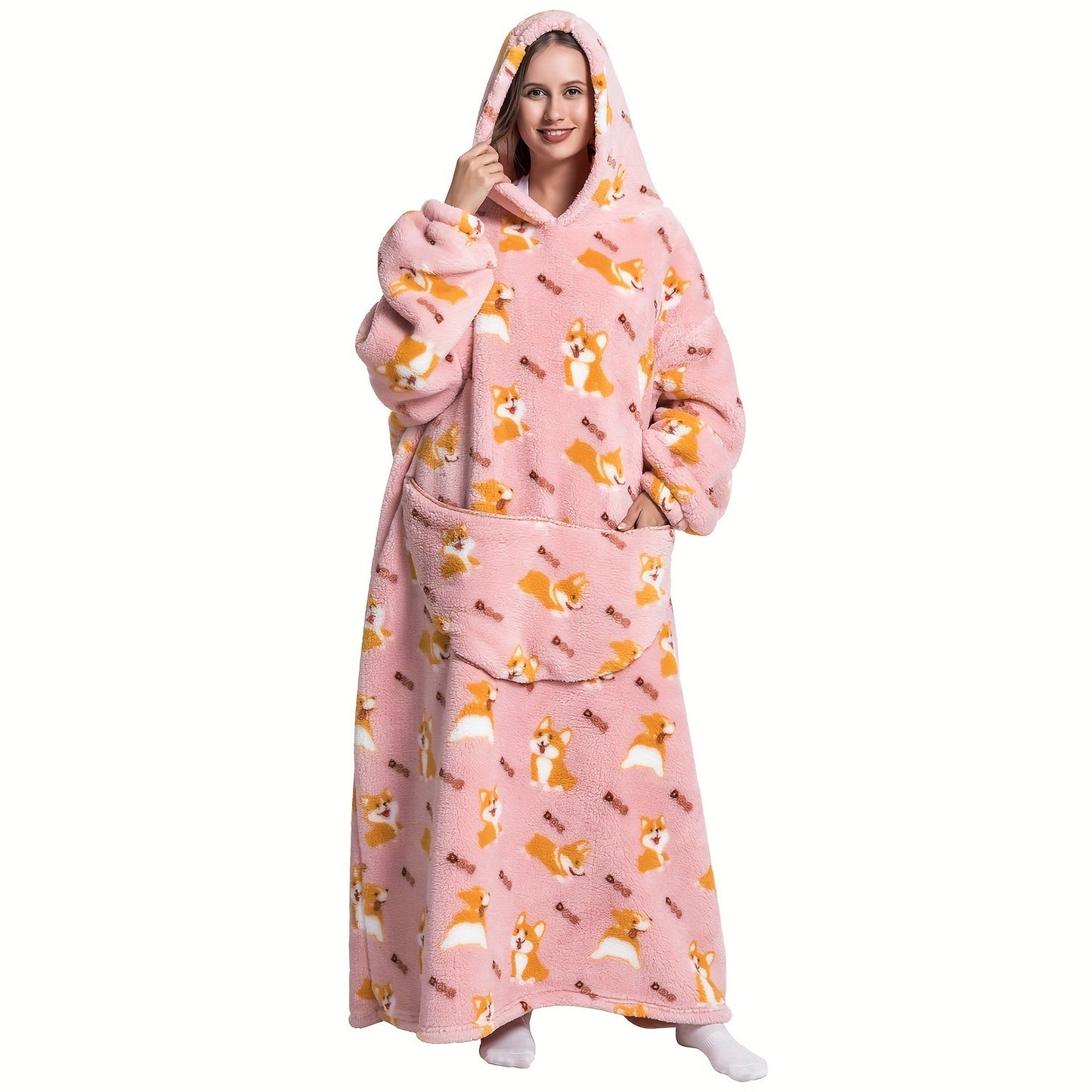 Super warm and cozy fleece oversized hoodie blanket with sleeves for adults. This wearable blanket hoodie features a giant pocket and is perfect for staying extra warm on cold days. Makes a great gift for women, men, and moms.