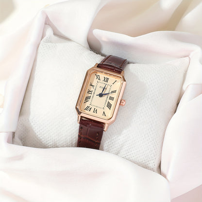 Women's Retro PU Leather Quartz Watch with Rectangle Pointer and Rome Fashion Analog Style