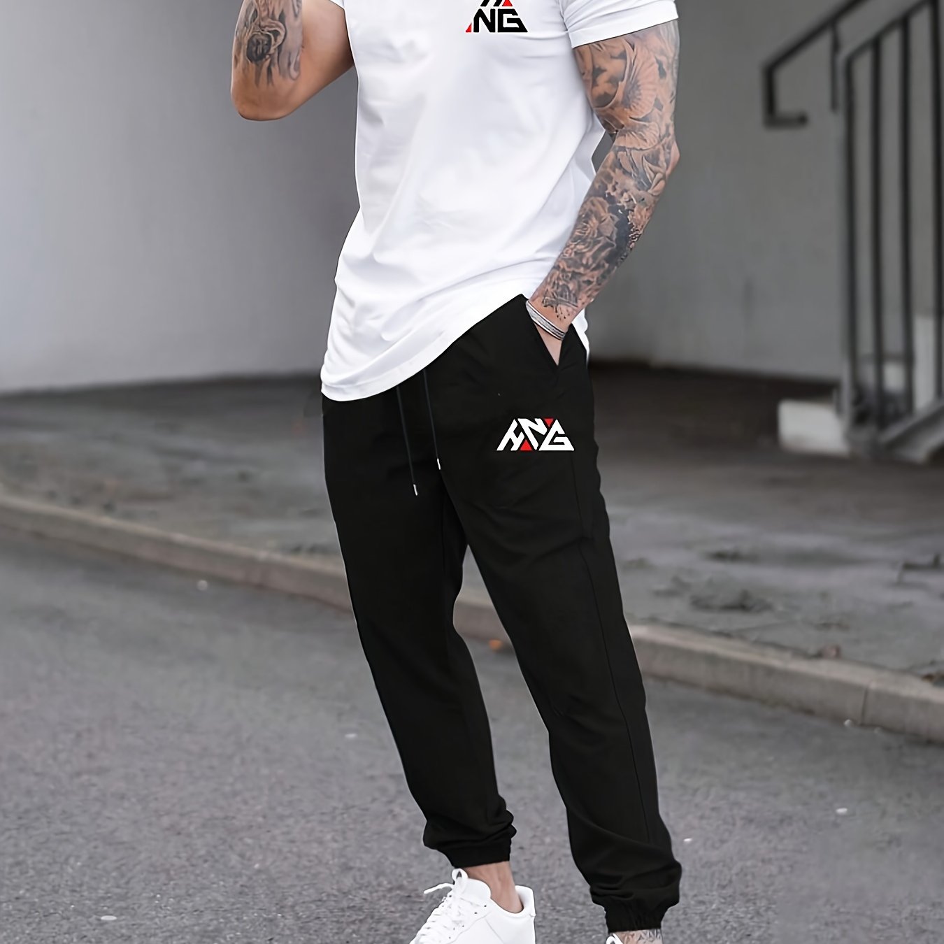 Men's Casual Fashion HNG Letter Print T-Shirt & Drawstring Joggers Set - Polyester Blend, Stretchy, Summer Wear