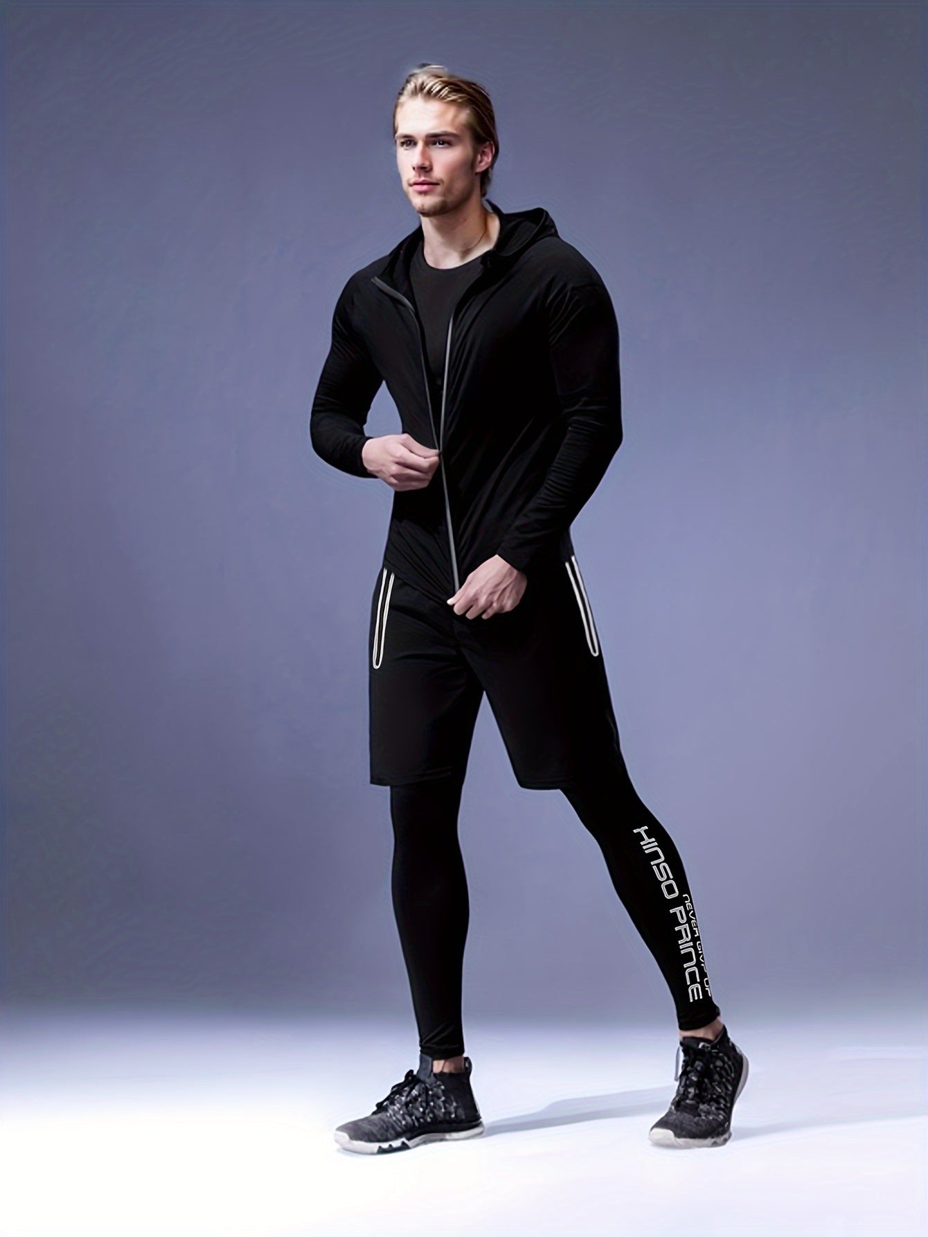 Men's Athletic set includes a quick-dry, stretchy hoodie, shorts, and leggings ideal for running, basketball training, and outdoor activities.