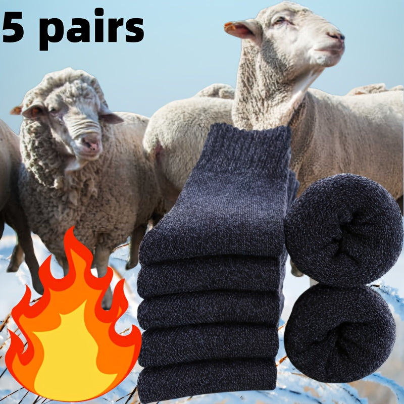 5 pairs of men's thick wool blend mid-calf winter socks in solid colors, soft and warm for casual or cold weather. Gift-ready packaging, quality fabric.