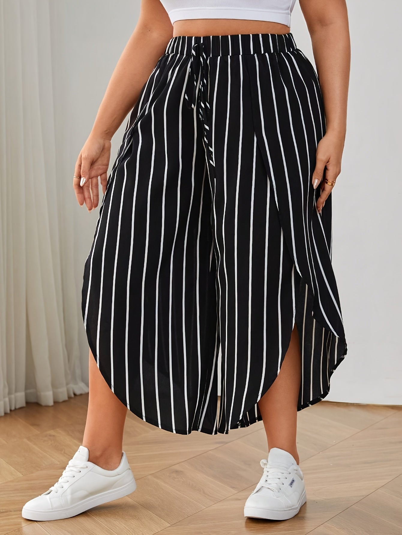 Plus Size Striped Loose Pants for Spring & Summer, Women's Casual Wide Leg High Waist Pants