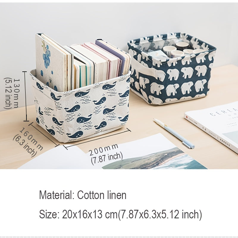 Waterproof desktop storage box made of printed cotton and linen with handle, suitable for organizing sundries.