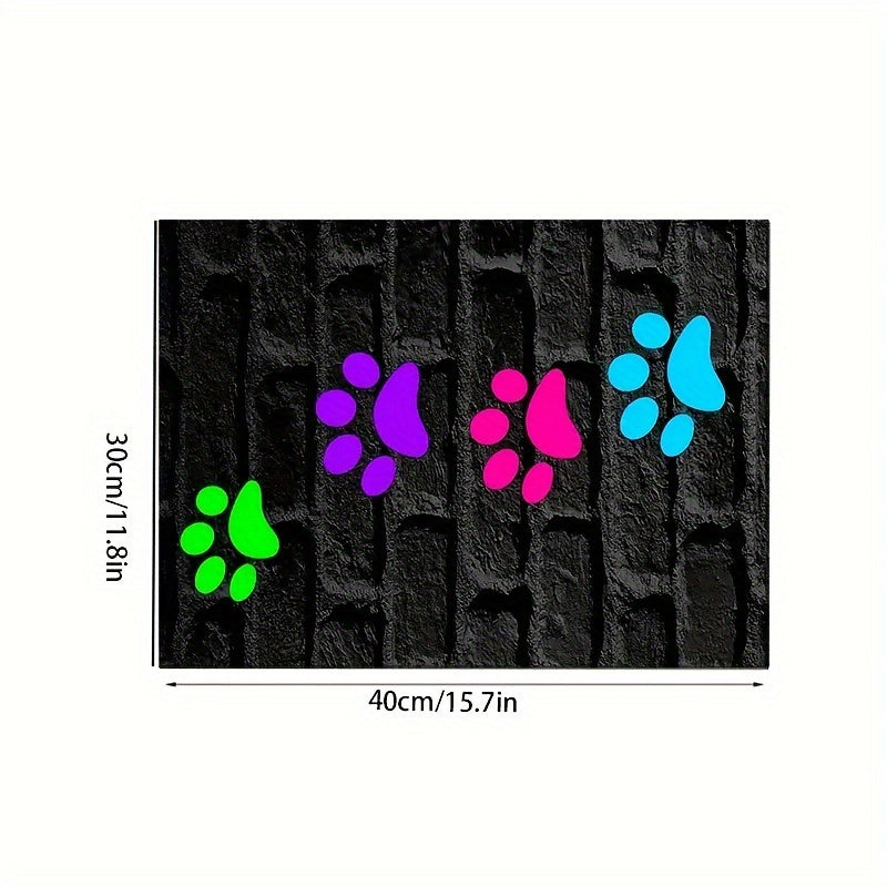 Cute paw print pet feeding mat for indoor/outdoor use, non-slip polyester material, versatile all-seasons accessory for pet food & water bowls.