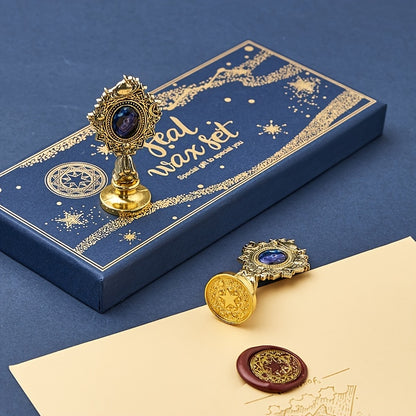 Wax seal kit includes gift box, beads, 3 stamps, pen, envelope for gift and décor.