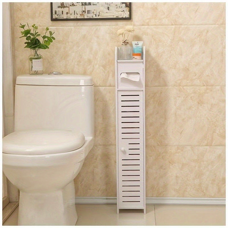 3-tier bathroom storage cabinet with drawers and toilet paper holder. 59.0 cm tall, freestanding, no power needed.