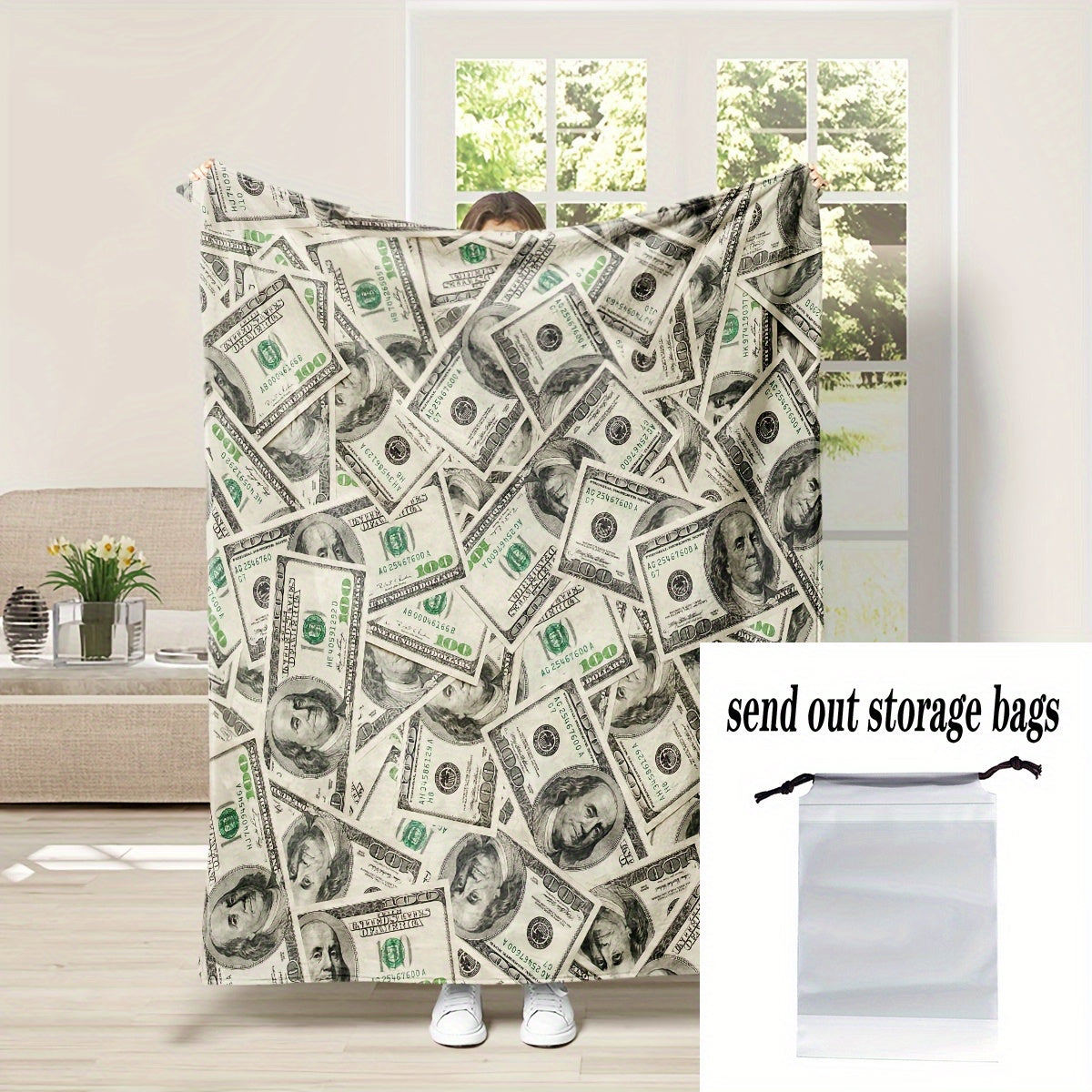 Soft and comfortable flannel blanket featuring a dollar print design. Perfect for nap time, the office, school, picnics, family gatherings, travel, and gifting.