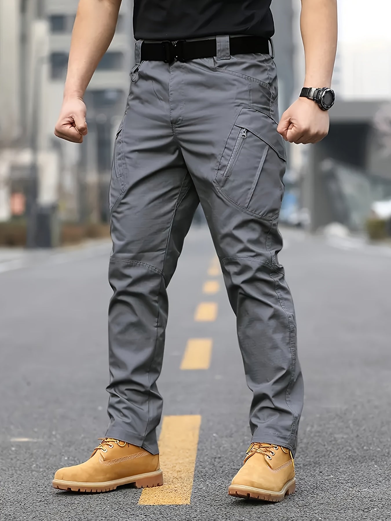 Men's tactical pants with multiple pockets, machine washable polyester, suitable for all seasons.