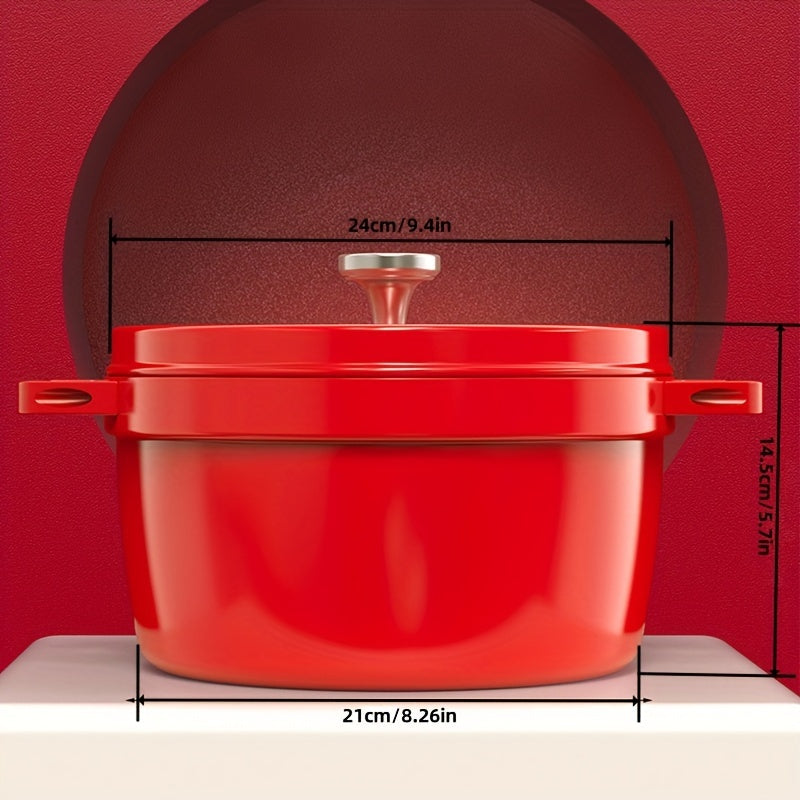 Durable Red Soup Pot for Broth, Stew, and Cooking - 4L Cast Iron Stockpot with Lid, 24cm - Compatible with Universal Gas Stovetop and Induction Cooking