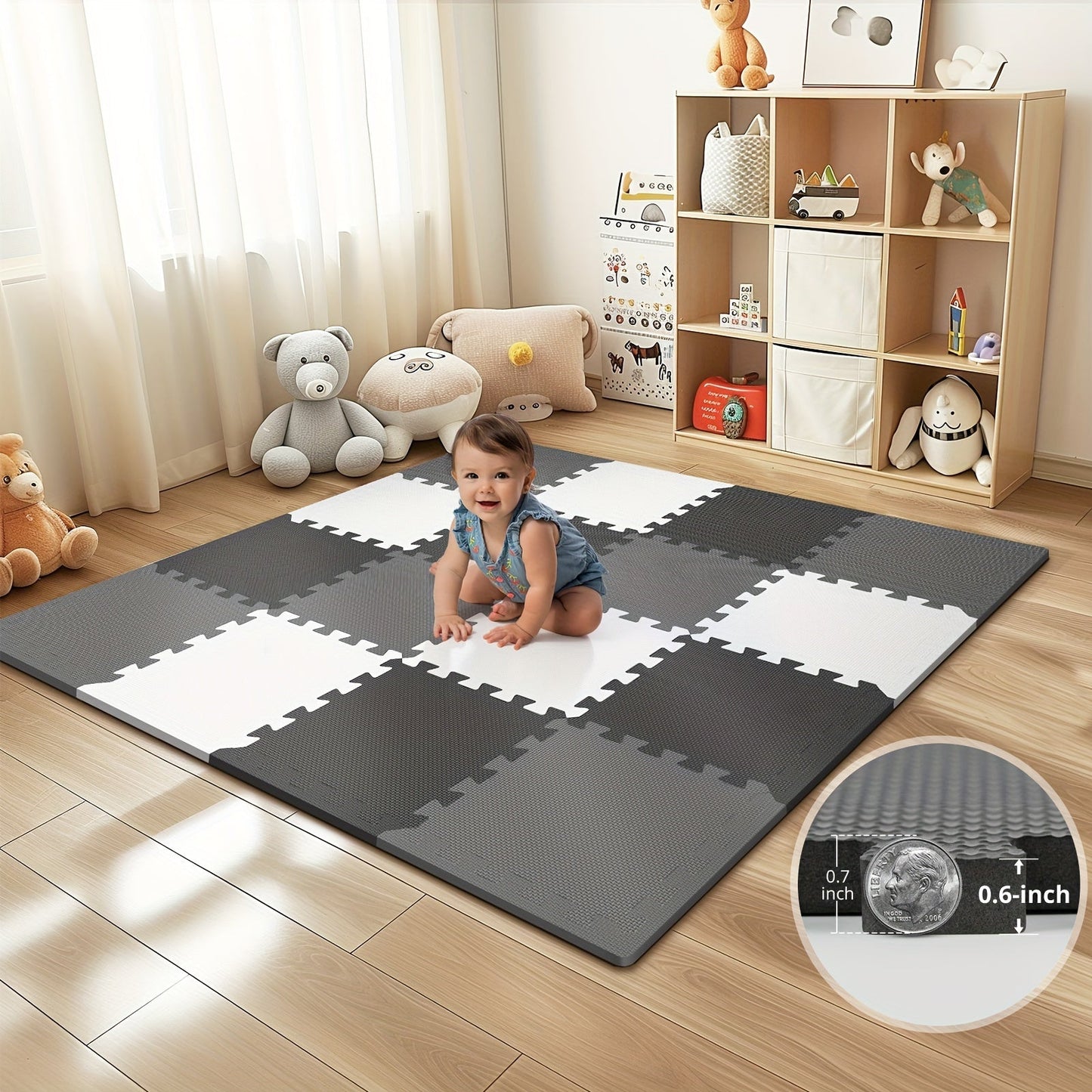 Soft and waterproof PE foam playmat designed for babies and kids. Includes 12/16 interlocking floor tiles with carry edges for indoor and outdoor play areas. Non-toxic crawling mat with a cushioned and spliceable design. Each tile measures 31.5cm and