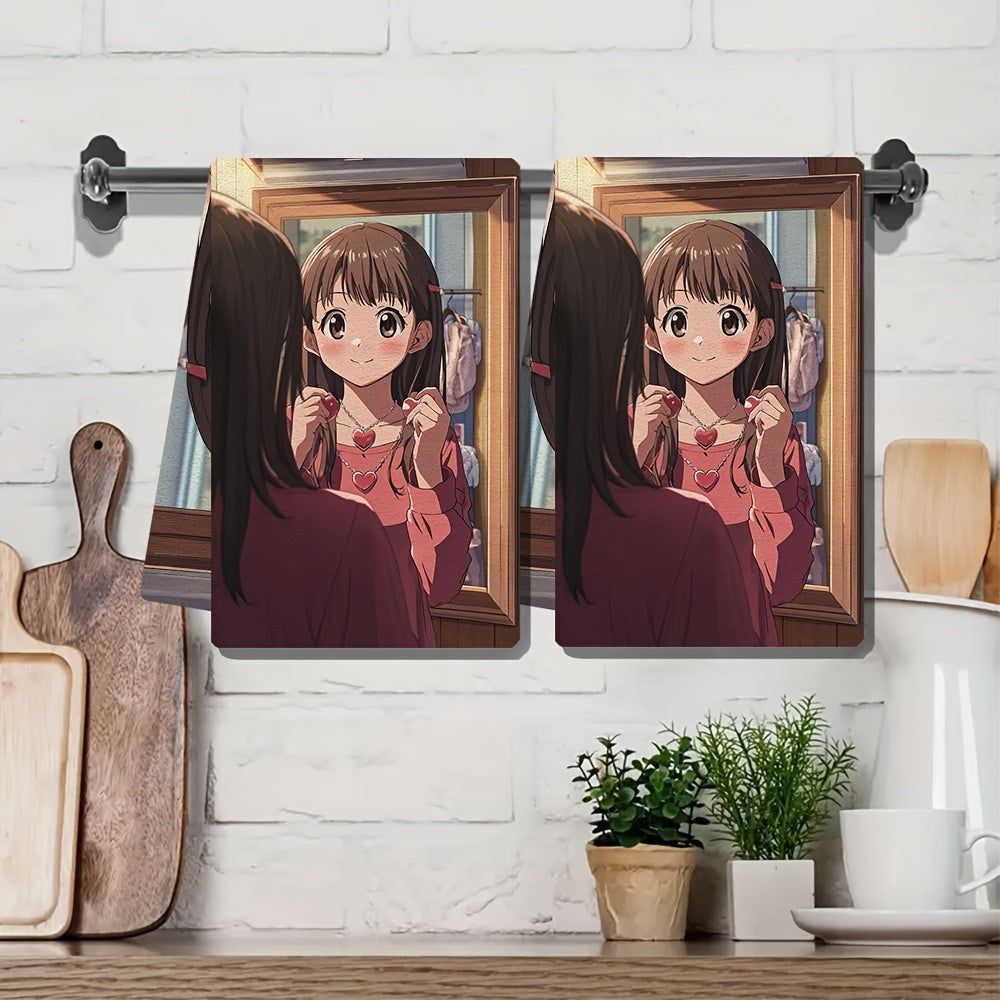 Set of 2 Kitchen Towels - Featuring a Young Anime Girl Trying on Heart Shaped Necklace with Joy, Ultra Soft and Highly Absorbent Dish Hand Towels for Holiday Decor, Machine Washable, 16x24 Inch - Item Code: 2KYSYS1215082