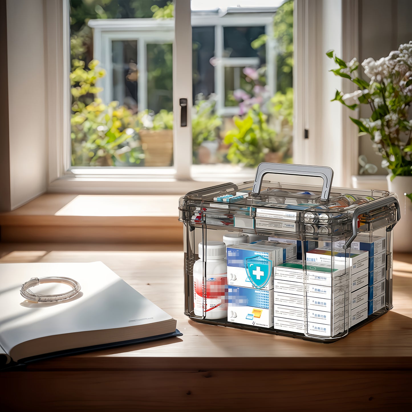 Waterproof double-layer medicine organizer for home first aid supplies.