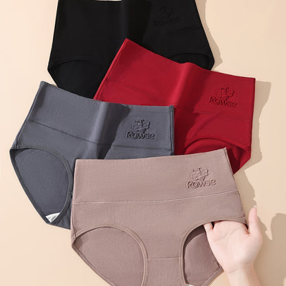 Simple solid high waist panties, breathable and comfy, women's lingerie and underwear, 4 pieces.