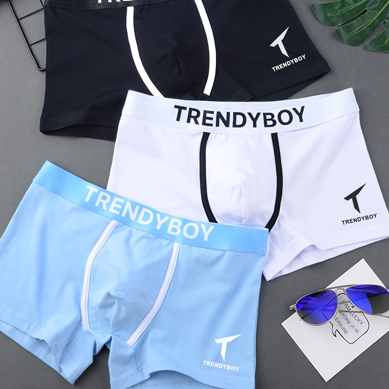 3 TRENDYBOY Men's Boxer Briefs: Soft & breathable polyester blend with comfort fit, elastic waistband, and sleek geometric pattern design for home & sports wear.