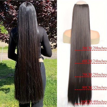 Synthetic Super Long 5 Clip In Hair Extension in Black/Brown/Blonde, extra-long straight hair, one-piece fake hairpiece for women. Available in lengths from 50cm to 100cm, ideal for daily