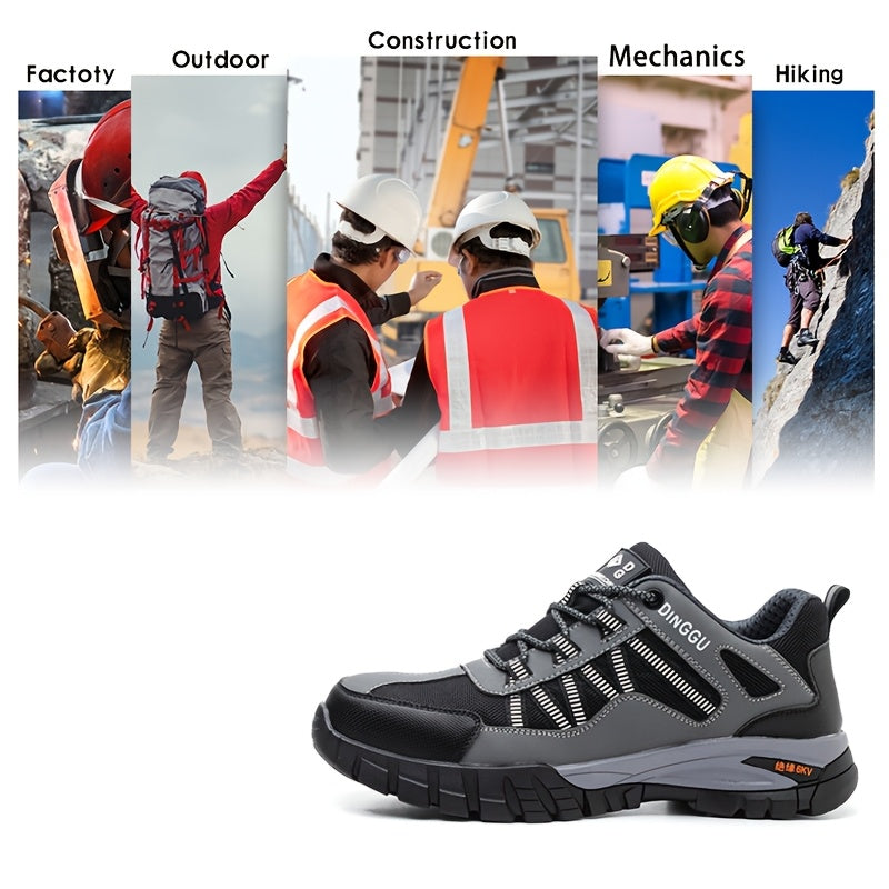 Durable men's steel toe work shoes with puncture-proof rubber sole for outdoor and industrial use, featuring anti-slip, breathable, and odor-resistant design.