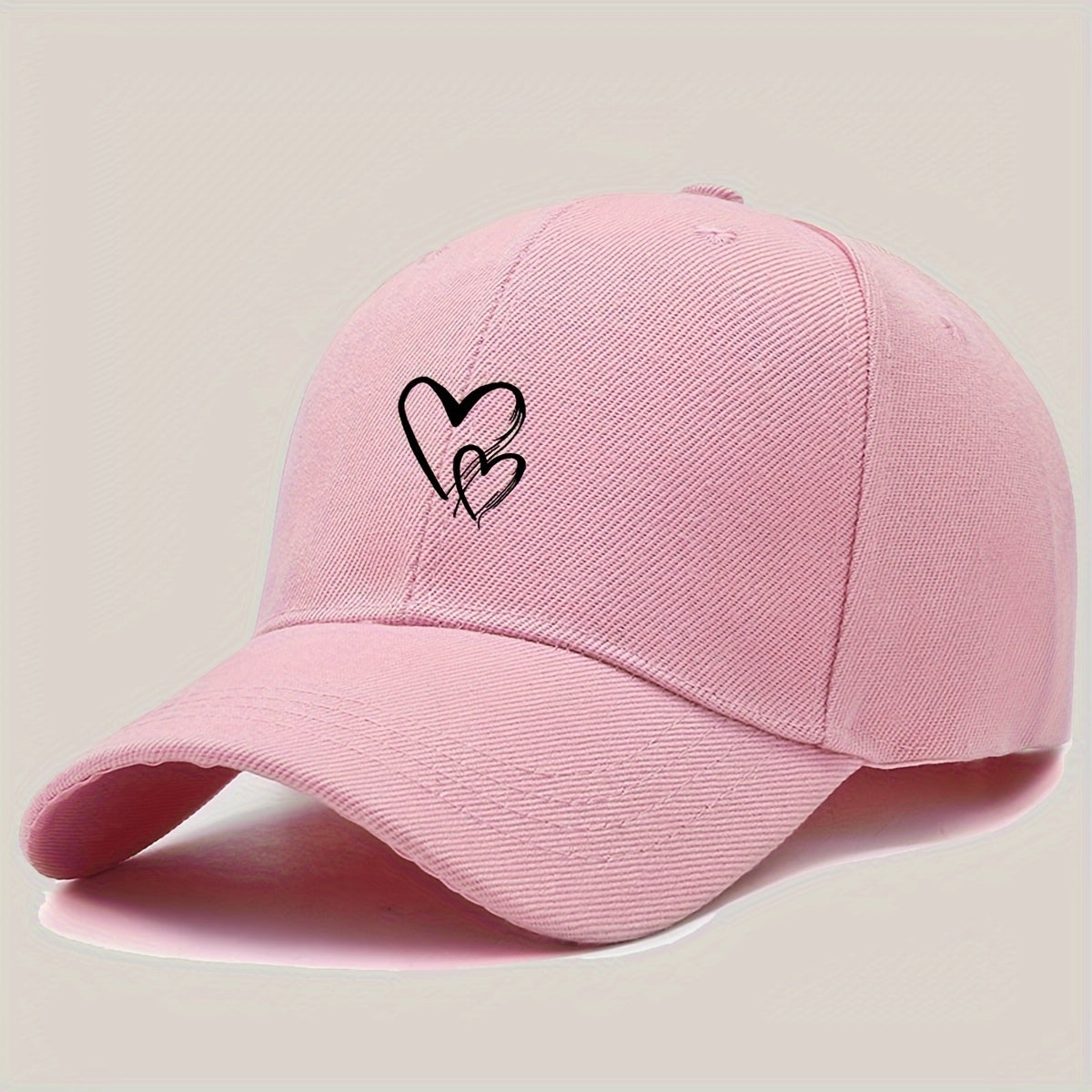 Women's Adjustable Baseball Cap with Love Heart Print - Black Sun Hat for Travel, Vacation & Casual Attire, Breathable Polyester Design