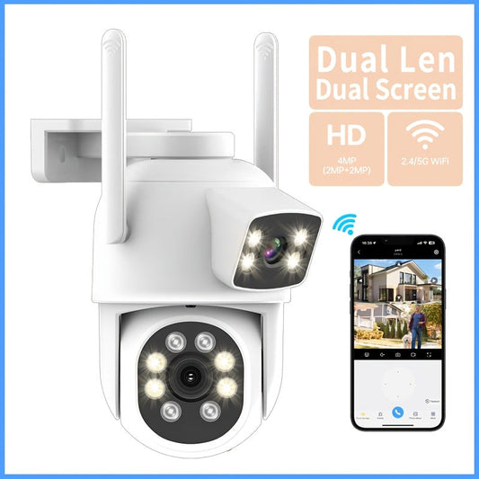 Wireless Security Camera with Dual Lenses - Capture a 360° View with PTZ, Detect Motion, Listen with 2-Way Audio, Experience Color Night Vision, Connect to 2.4/5GHz WiFi, Waterproof with IP65 Rating, Powered by USB