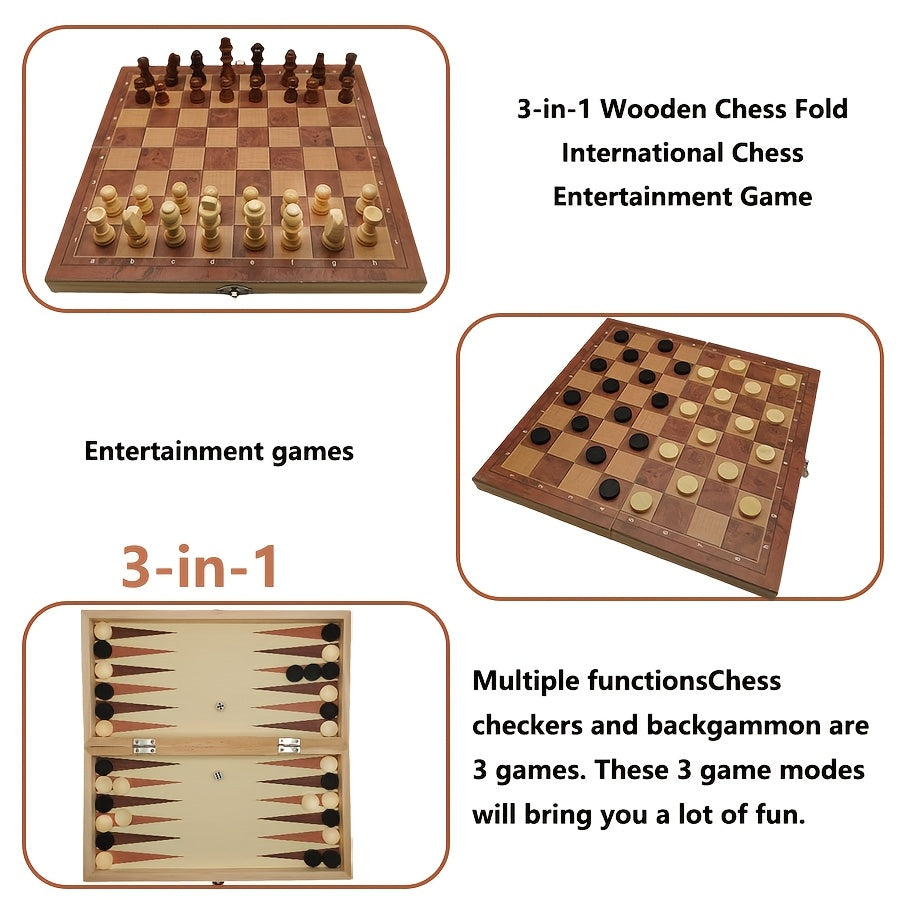 3-in-1 board game includes chess, checkers, and backgammon. Lightweight wooden board for adults. Ideal for travel.