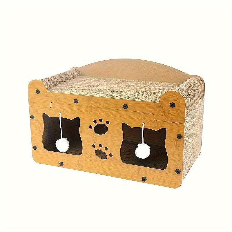 Durable 2-in-1 cat scratcher and lounge bed made from cardboard with hanging toys for interactive play.