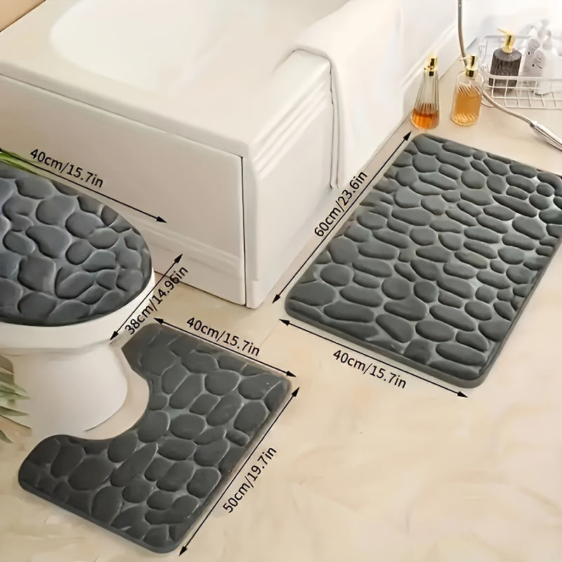 3-Piece Memory Foam Bathroom Rug Set with Pebble Embossed Design - Super Soft, Non-Slip, and Absorbent Bath Mat, U-Shaped Contour Rug - Machine Washable Polyester Material, Low Pile - Ideal for Home Decor and a Thoughtful Christmas Gift