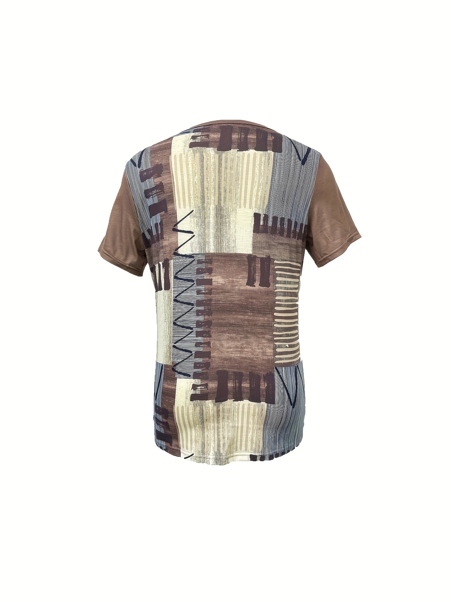 Women's casual geometric print t-shirt with lace-up detail features a v-neck, short sleeves, and stretchy polyester blend. Machine washable.