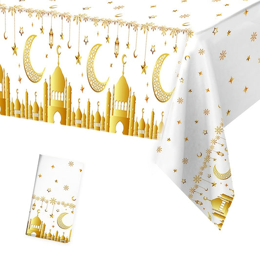 Eid al-Fitr disposable tablecloth with golden moon castle design, perfect for Ramadan festivities.