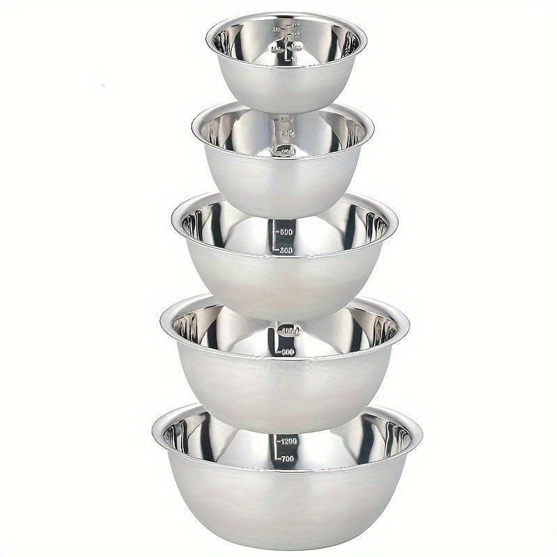 Set of 5 Stainless Steel Mixing Bowls with Built-in Scale - Perfect for Cooking, Baking, Meal Prepping, Washing Fruits, Serving Noodles, and More! Includes Essential Kitchen Accessories for Back to School Supplies.