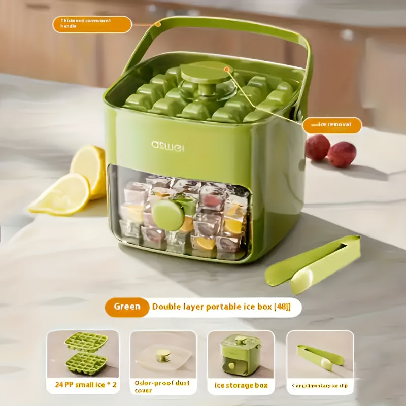 Portable 48-cube ice maker with easy-press lid, double layer design for freezing and storage. Includes silicone tray and PET material, no electricity needed. Ideal kitchen accessory with