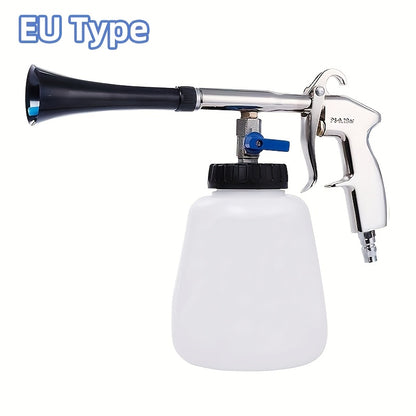 Universal fit pneumatic car wash gun for efficient dust removal and deep cleaning of car interior & engine compartment. Ideal auto detailing tool with US/EU type spray pot.