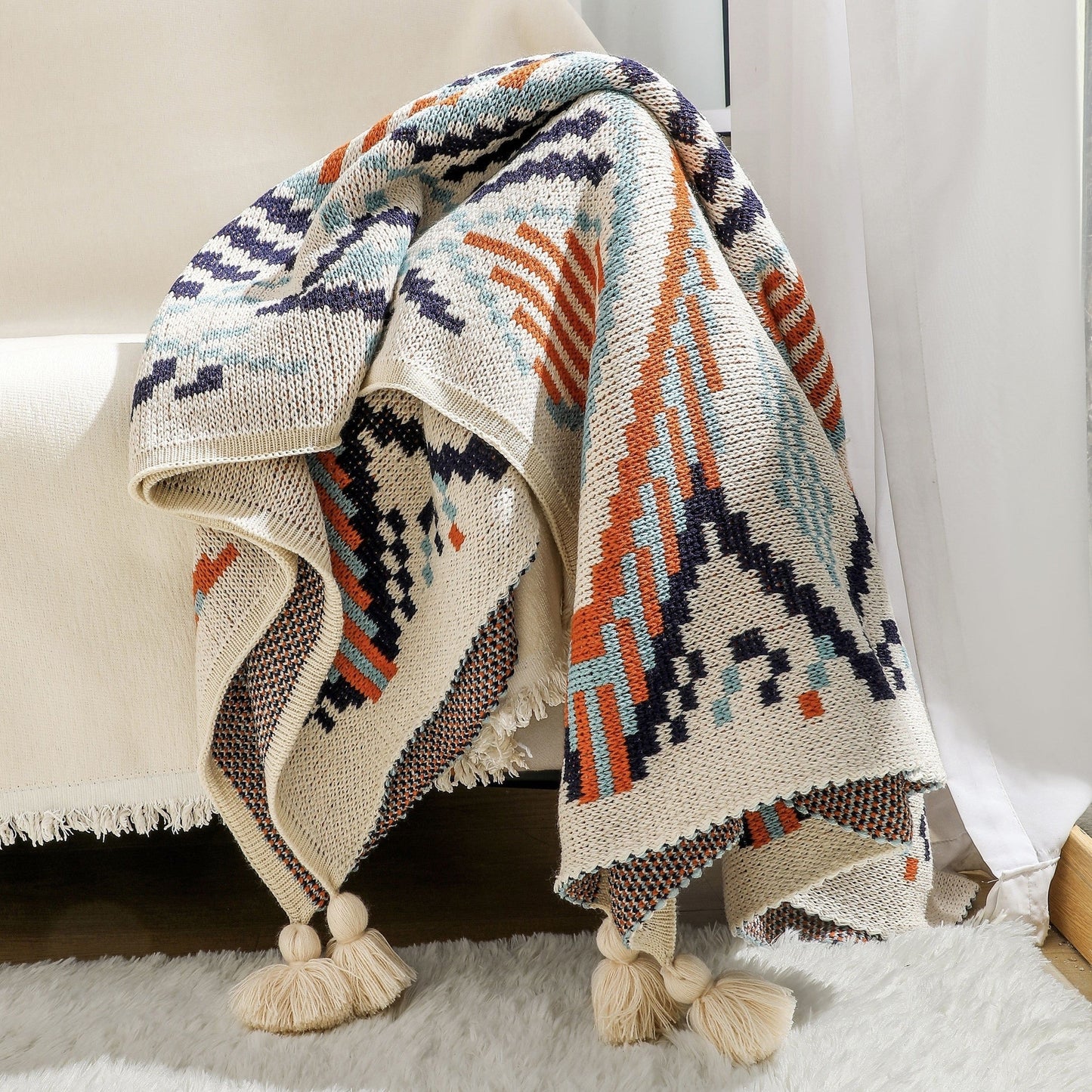 Bohemian Blanket with Geometric Pattern and Tassel - Ideal for Nap Time, as a Sofa Throw, or to keep you cozy while using the Air Conditioning