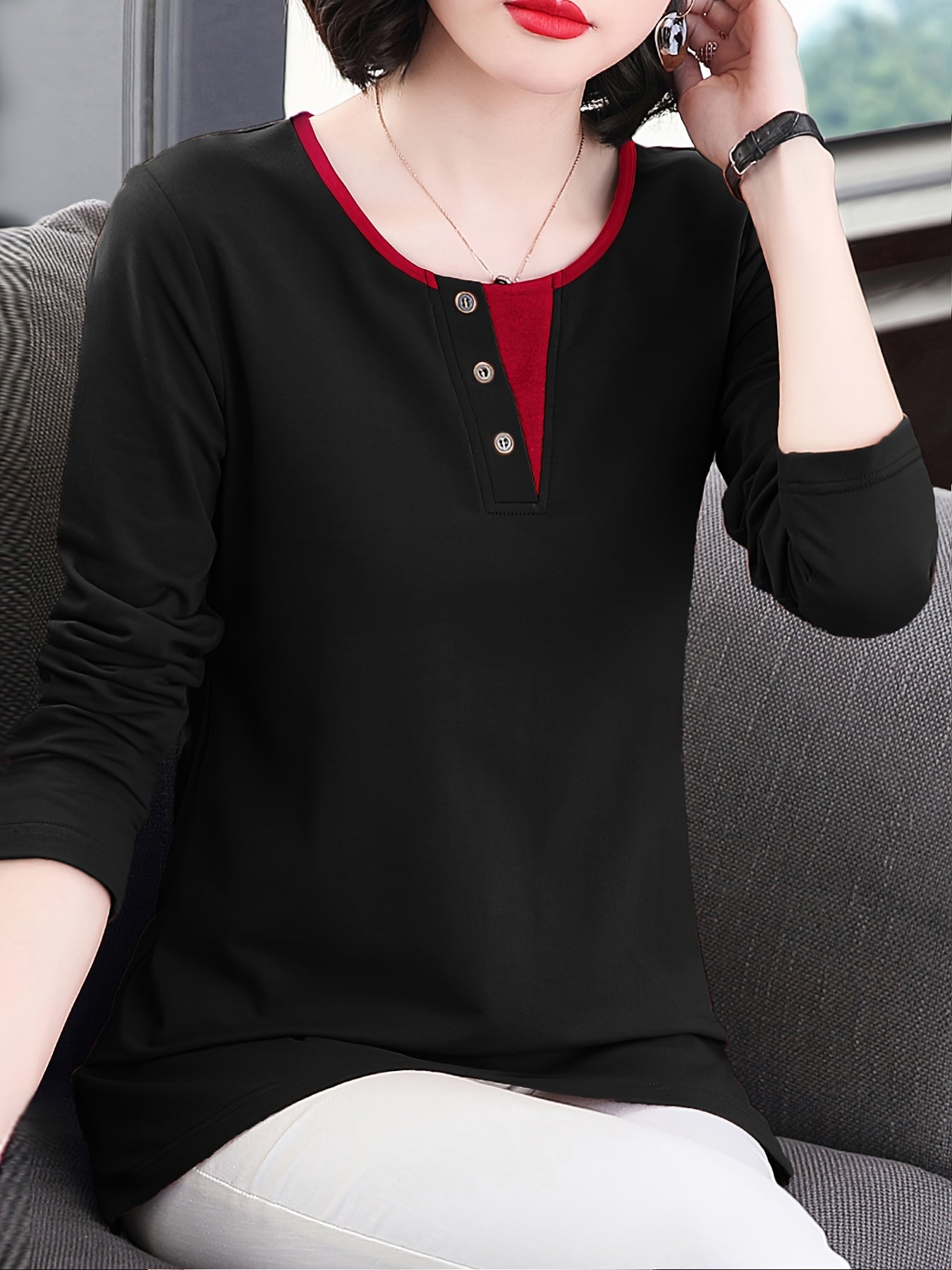 Deep brown long-sleeve T-shirt with contrast trim and faux button detail, made from stretchy polyester blend. Machine washable, elegant Korean style for spring and summer.