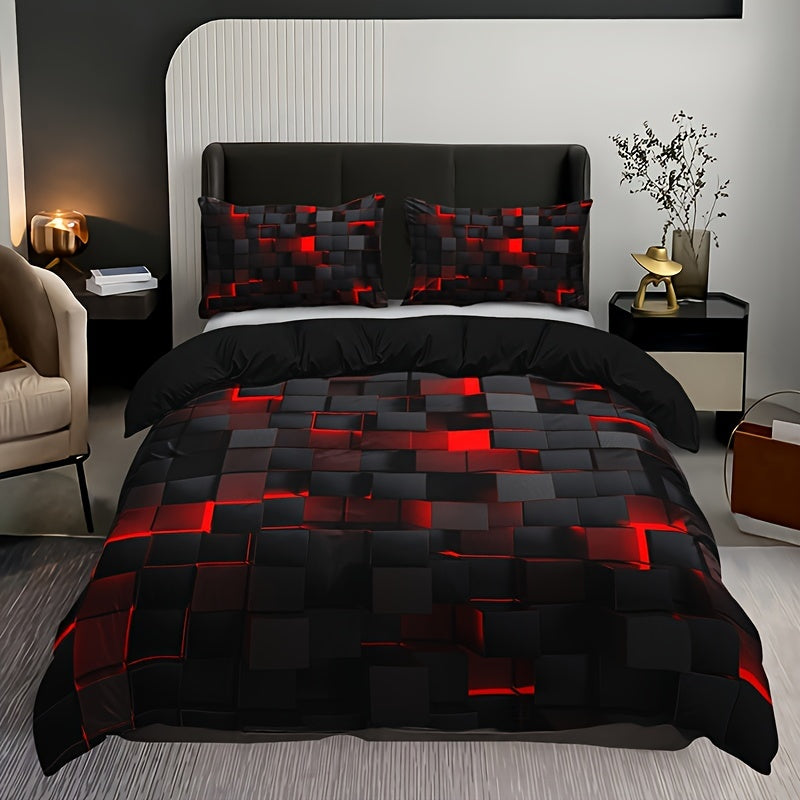 Bedroom or Guest Room Grid Print Bedding Set: Soft and Comfortable 3-Piece Duvet Cover Set includes 1 Duvet Cover and 2 Pillowcases, without core