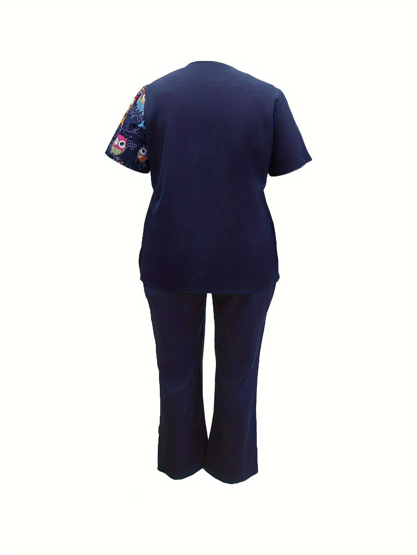 Woodpecker Print Patchwork Nurse Uniform Set for Plus Size Women