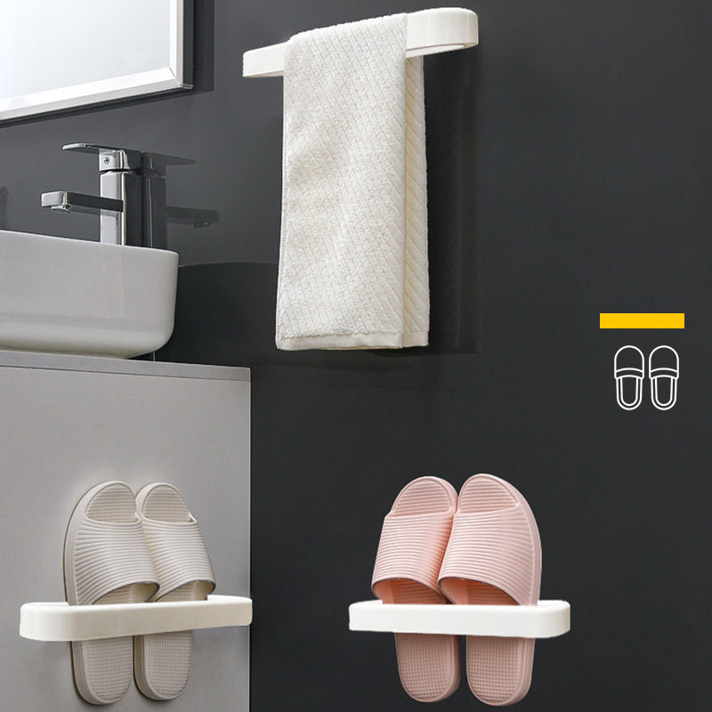 Wall-mounted bathroom slipper rack for 1 pair of shoes, designed without the need for perforation. This storage rack can hold single and double shoes, and is perfect for organizing your bathroom space.