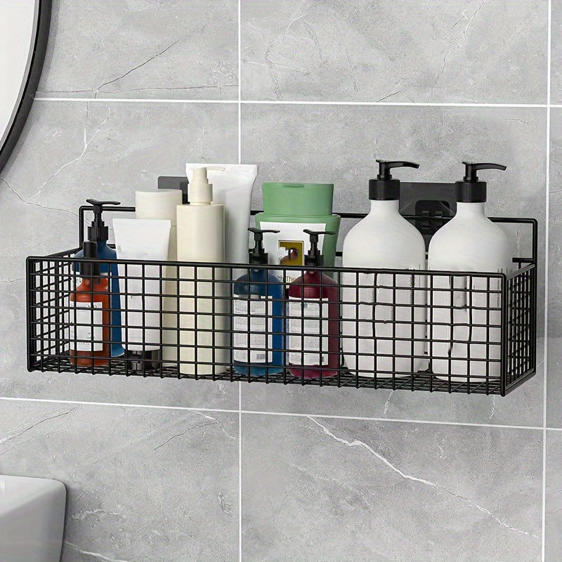 Simple-install shower caddy with cast iron mesh drain rack for bathroom organization and wall-mounted hanging shelf.