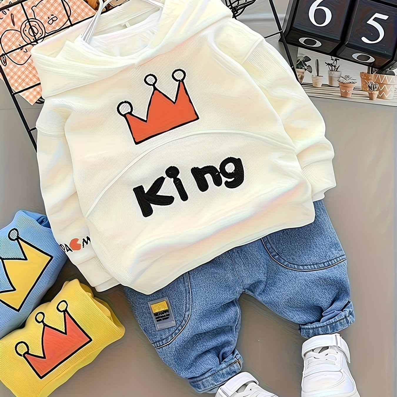 Autumn set for boys: long sleeve top and pants with crown embroidered hoodie and jeans for casual outdoor fashion.