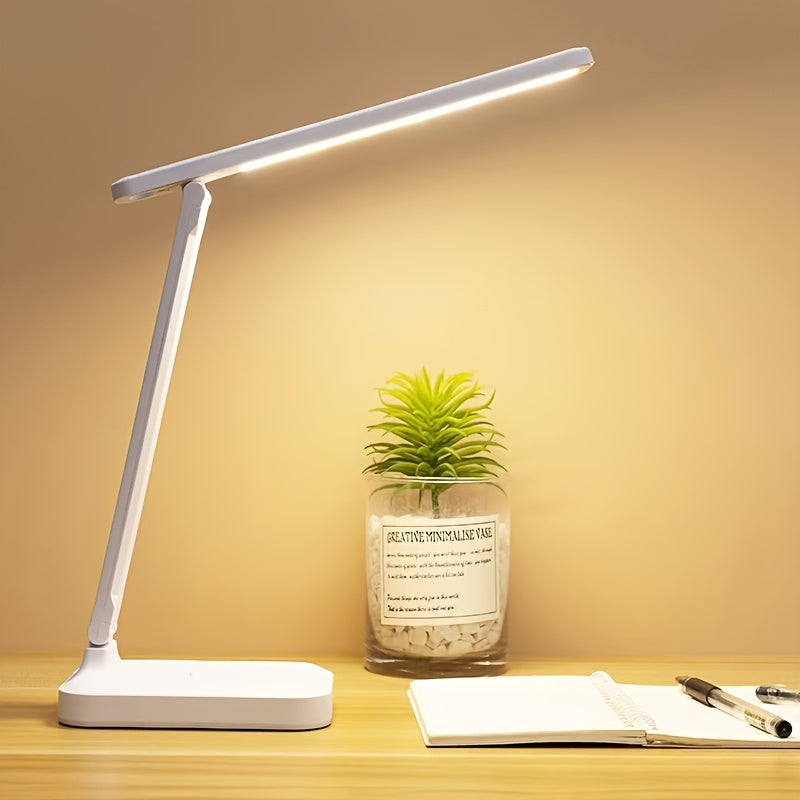 Adjustable white light LED desk lamp with USB rechargeable lithium battery, color changing feature, polished finish, suitable for reading and household lighting.