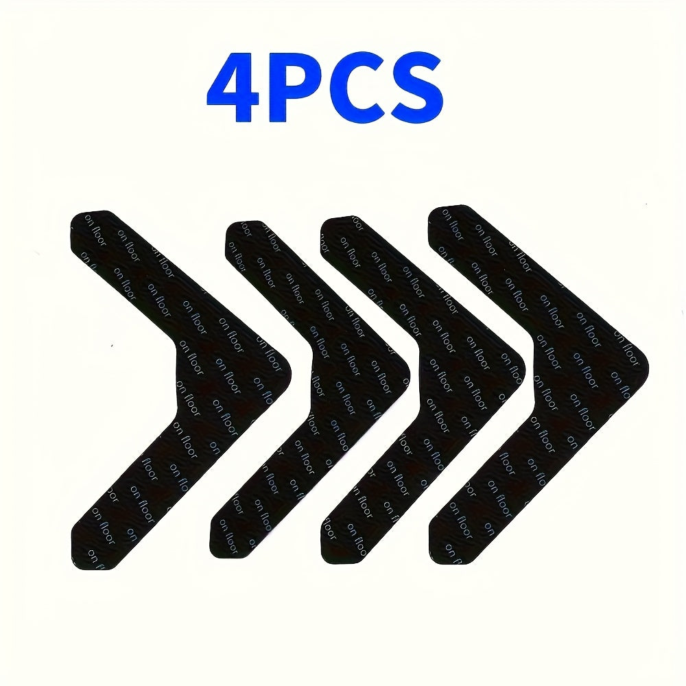 Double-sided adhesive carpet grip tape set includes 4 pieces, ideal for securing area rugs on hardwood floors and tiles. Washable and non-slip, these reusable polycarbonate corner clamps are designed for indoor use.