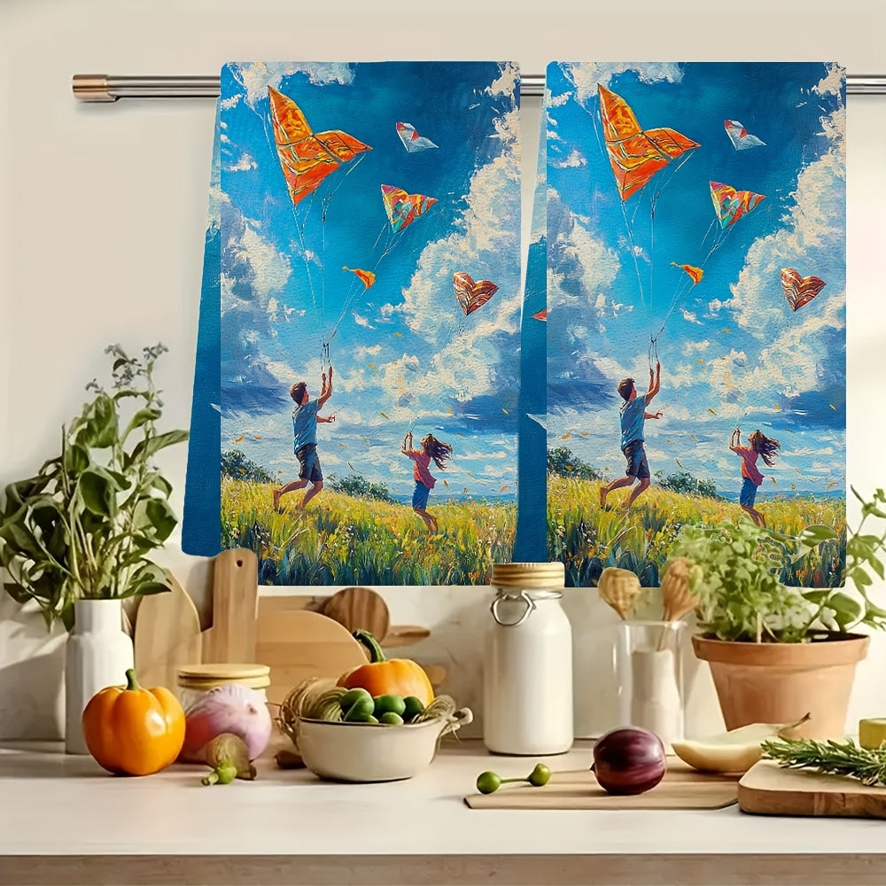 Set of 2 Ultra Soft Kitchen Towels featuring a charming scene of a couple flying colorful kites in a large open field. The kites are in various shapes, including a heart-shaped one. The couple is running around joyfully, trying to get their kites higher