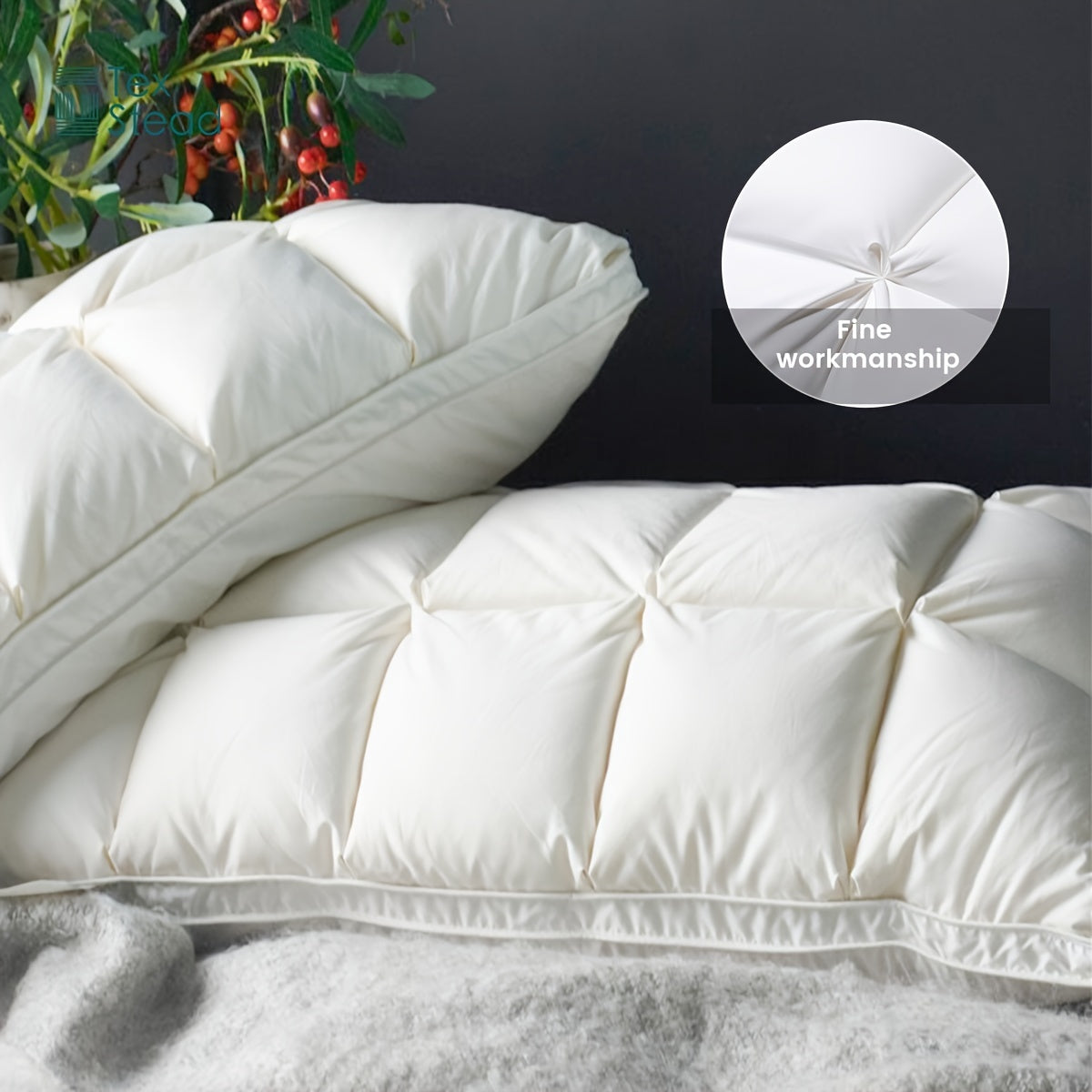 Luxury goose down feather pillow with pinch pleat design for neck protection in bedroom or hotel.