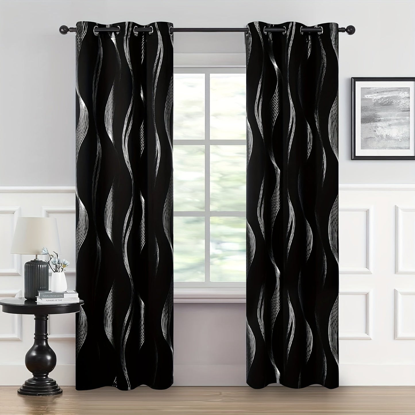 Two pieces of contemporary blackout curtains made from high-quality woven polyester, featuring a grommet top design for easy hanging. These room darkening drapes are machine washable and showcase a fantasy stripe pattern with eyelet detailing. Suitable