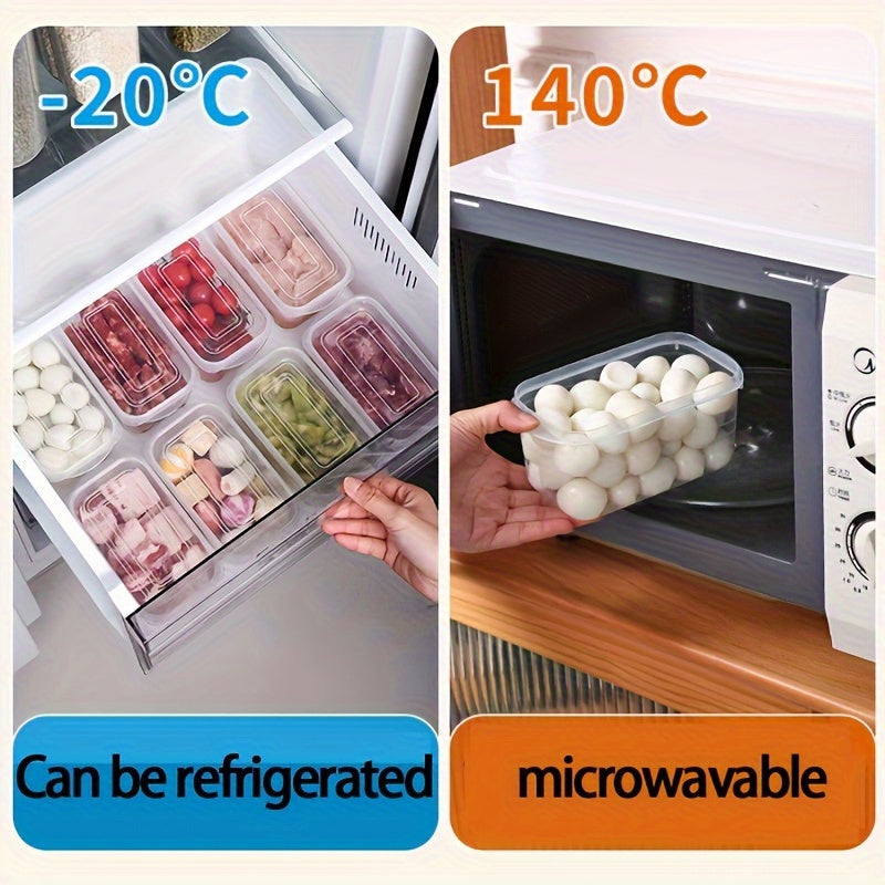 Five clear plastic food storage containers, ideal for organizing your fridge or taking on the go. Constructed from food-safe PP material.