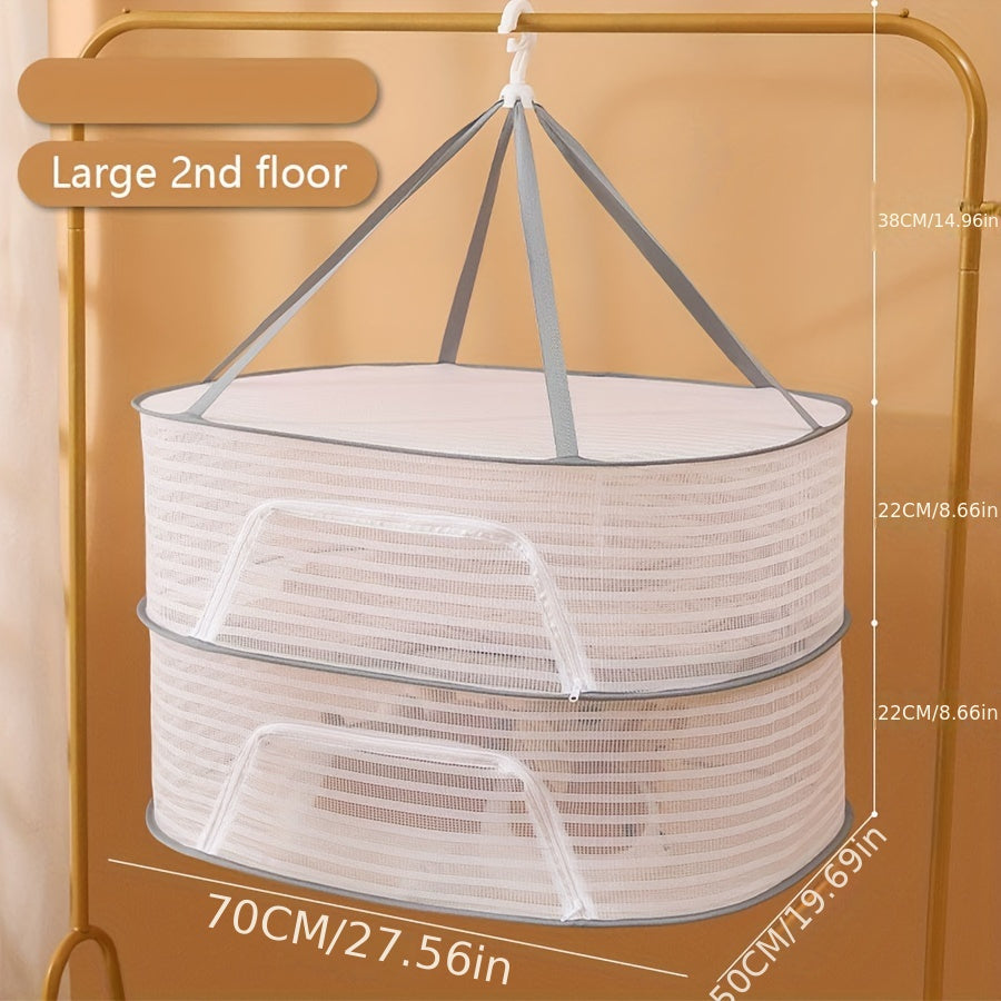 3-Tier Foldable Mesh Drying Rack with Zipper - Multi-functional Hanging Dryer for Laundry, Fish, and More - No Electricity Required, Ideal for Balcony, Clothing Drying, and Organization purposes.